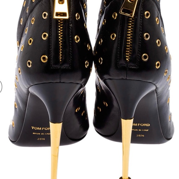 Tom Ford Black and Gold Grommet Heeled Boots with Metallic Stiletto. - Picture 3 of 7